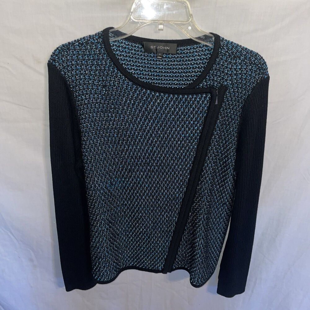 St. John Women’s Full Zip Sweater Size Medium Black Blue Wool Blend Going out